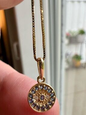 Dainty 14k Solid Yellow Gold Blue Sapphire Diamond Evil Eye Pendant Necklace